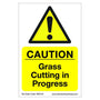 Correx safety sign reading 'CAUTION Grass Cutting in Progress' for tree surgeons, durable and weatherproof.