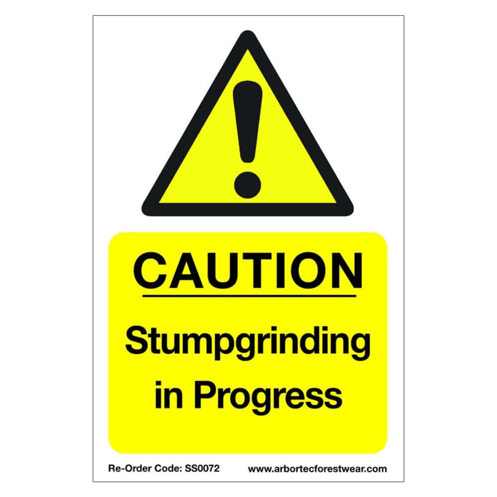 Correx safety sign 'CAUTION Stumpgrinding in Progress' for tree surgeons, made from lightweight, durable fluted plastic.