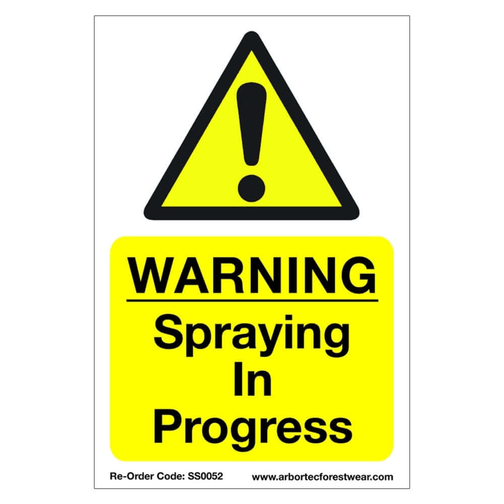 Correx warning sign for spraying in progress, ideal for tree surgeons and safety in industrial settings.
