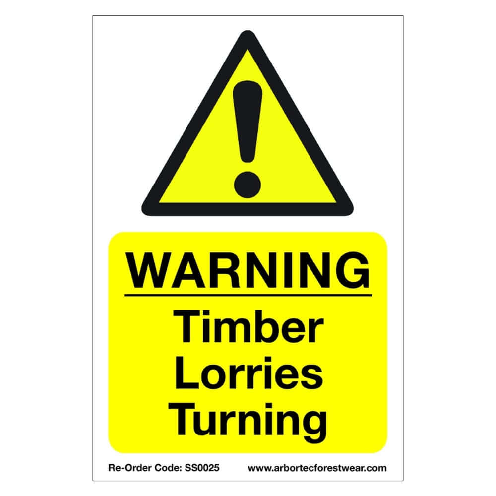 Correx safety sign 'WARNING Timber Lorries Turning' made of fluted plastic, ideal for tree surgeon sites, 40cm x 60cm.