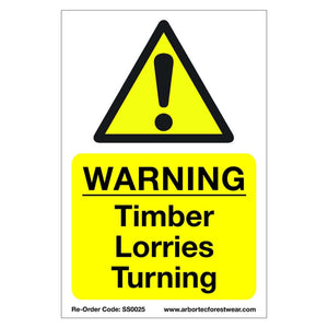 Correx safety sign 'WARNING Timber Lorries Turning' made of fluted plastic, ideal for tree surgeon sites, 40cm x 60cm.