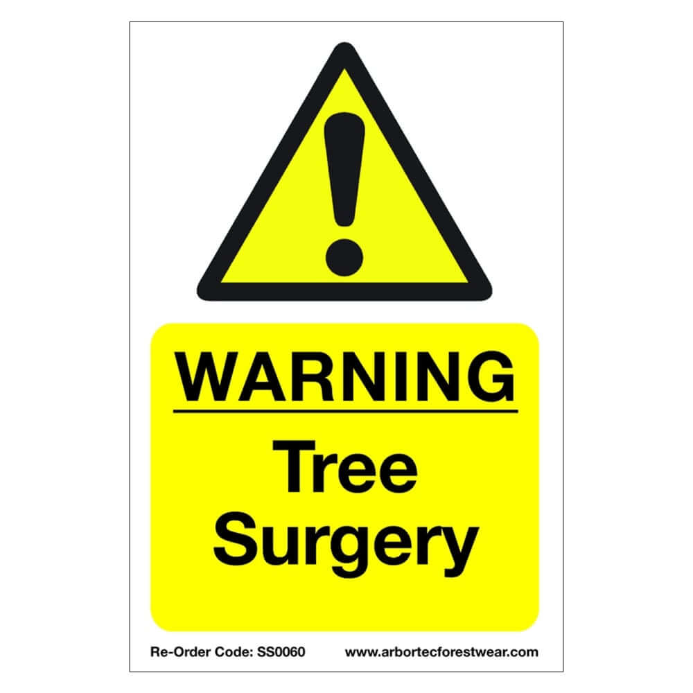 Correx safety sign with triangle warning for Tree Surgery, featuring bold black text on a bright yellow background.