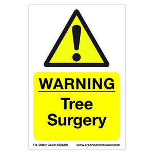 Correx safety sign with triangle warning for Tree Surgery, featuring bold black text on a bright yellow background.