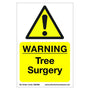 Correx safety sign with triangle warning for Tree Surgery, featuring bold black text on a bright yellow background.