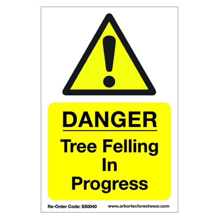 Danger sign for tree felling in progress, designed for safety awareness among tree surgeons and pedestrians.