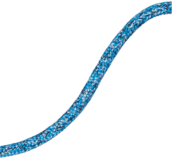 A blue and white striped rope, likely made of nylon, commonly used for climbing or rigging purposes.