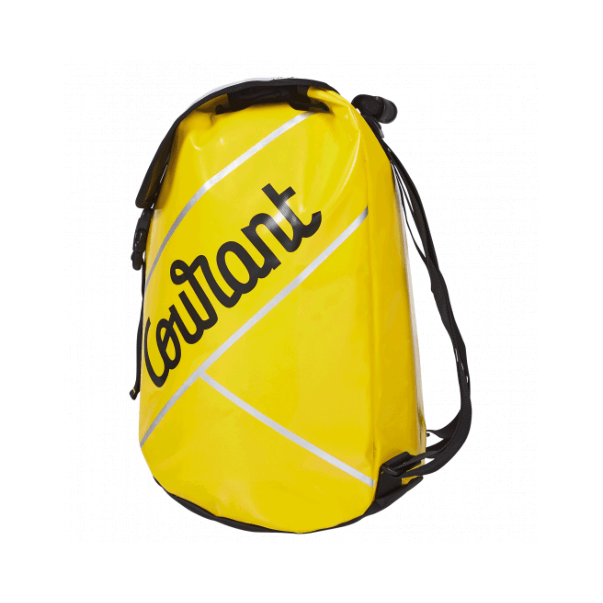 Cargo 40L Climbing Rope Bag by Courant in bright yellow with reflective design.