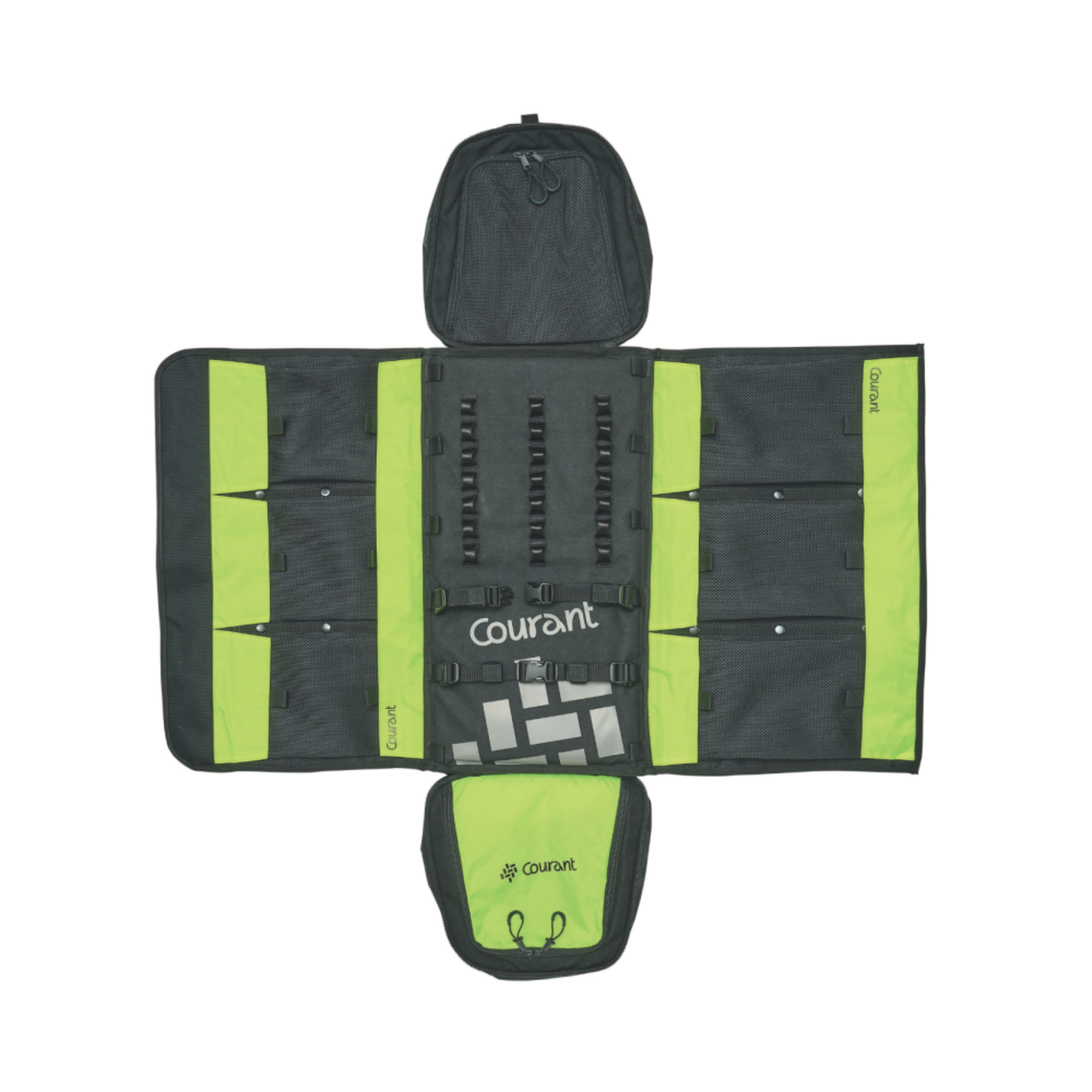 Courant Cross Pro Climbing Bag 60L opened flat, showing daisy chains, mesh pockets and organised gear storage.