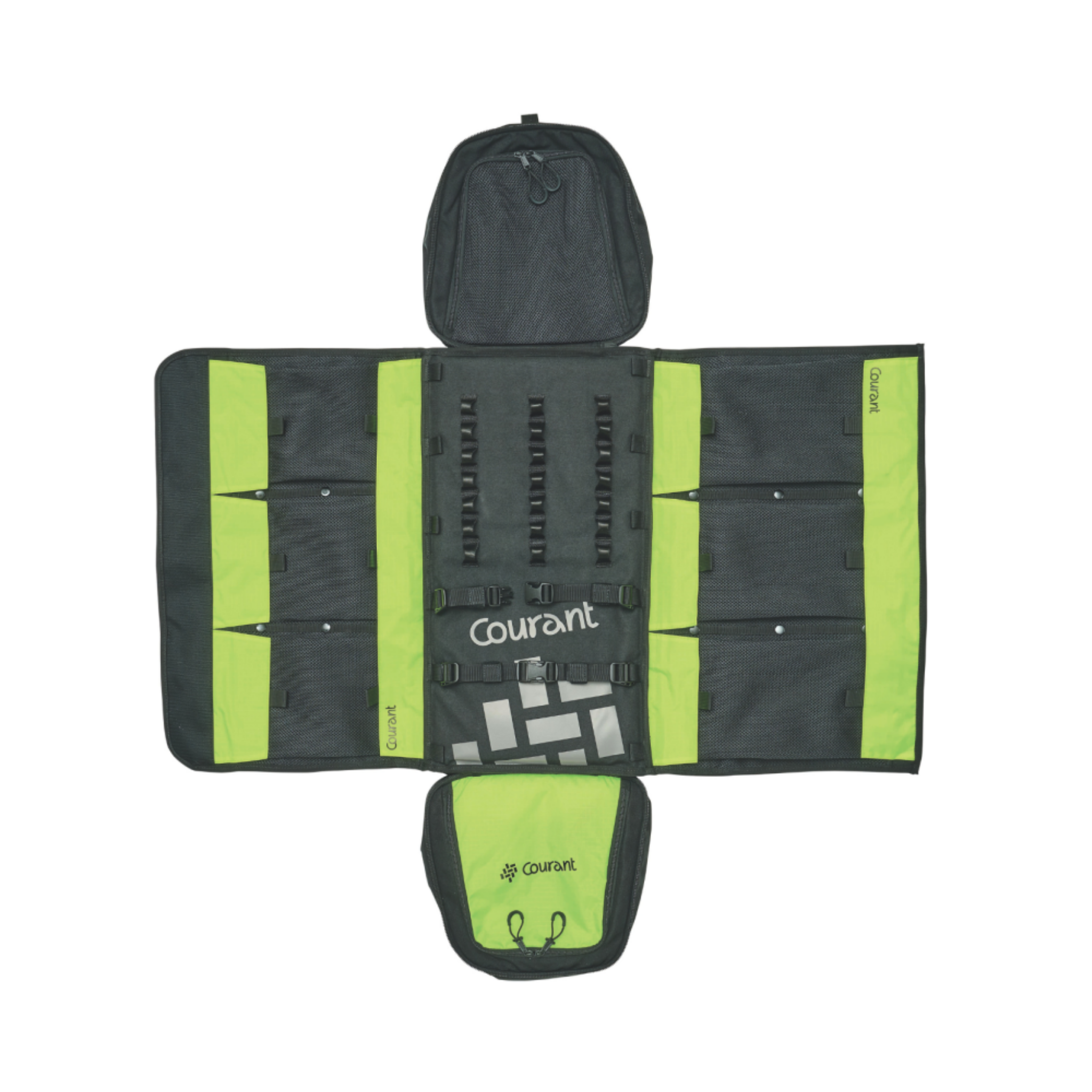 Courant Cross Pro Climbing Bag 60L opened flat, showing daisy chains, mesh pockets and organised gear storage.