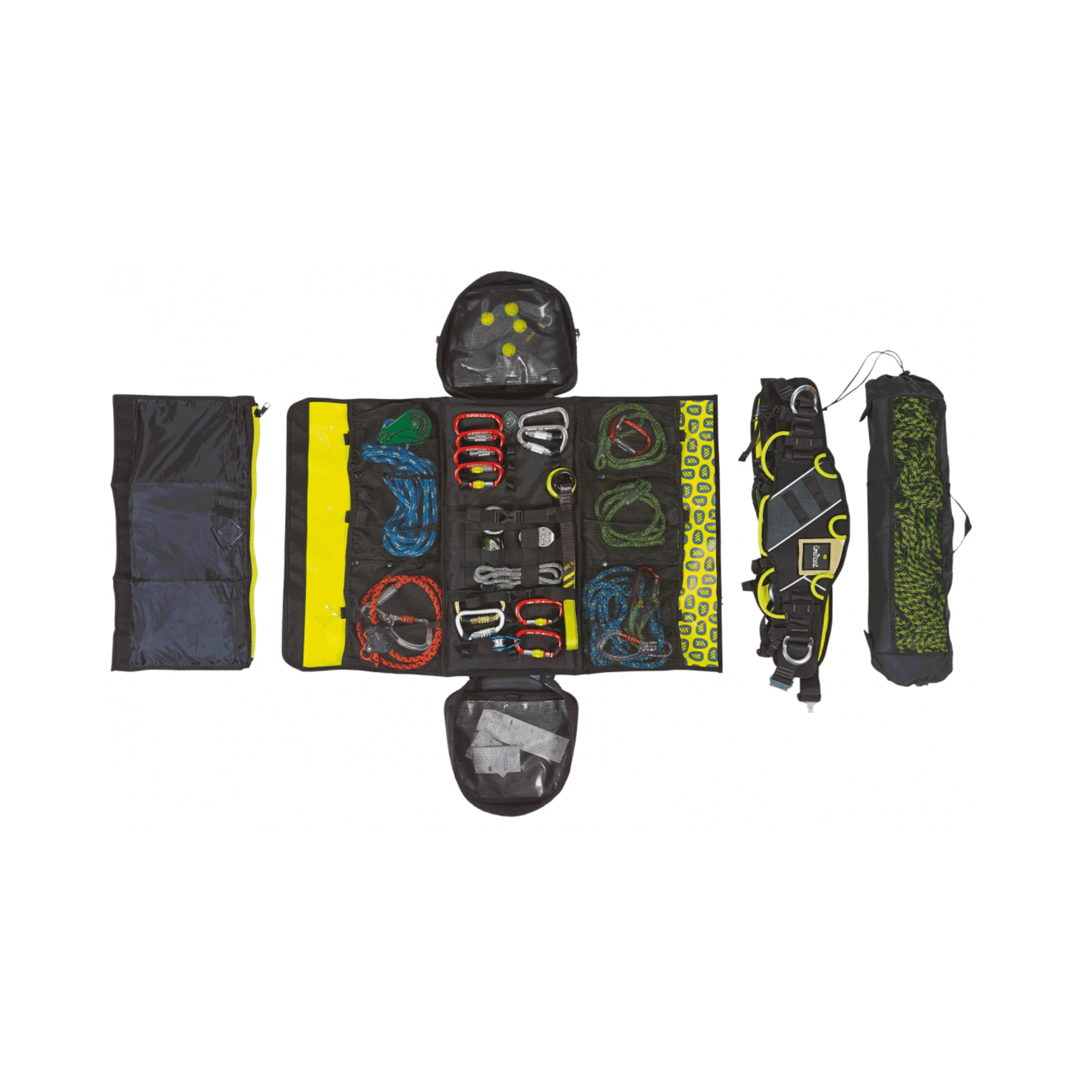 Cross Pro Flash Lemon Climbing Bag 54 Litre open with organized climbing gear and accessories.