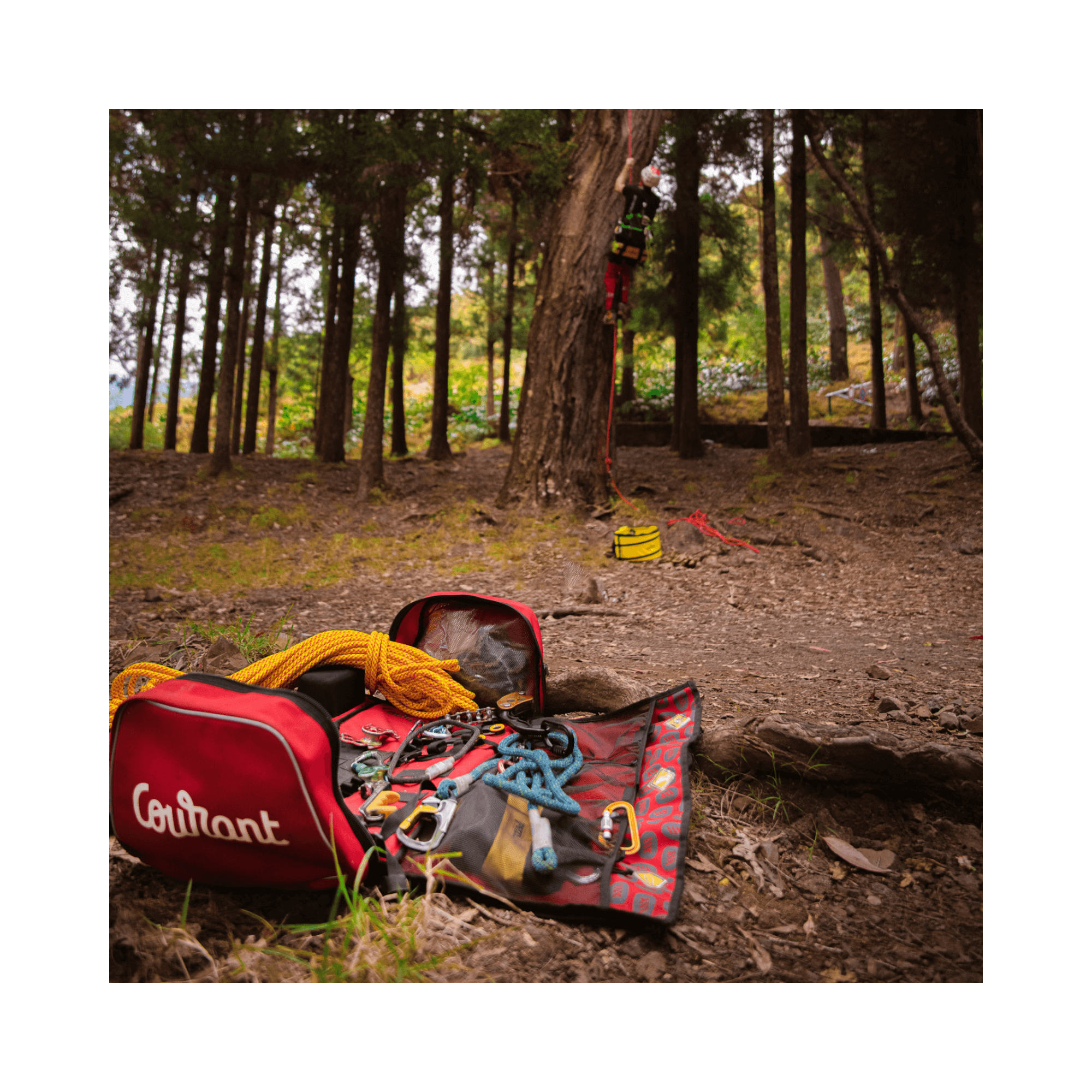 Cross Pro XL Rescue Bag with equipment in a forest setting, showcasing its durability and organization.