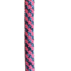 Close-up of the Rebel Pink Dragon climbing rope, featuring a braided design in pink and blue for tree surgeons.