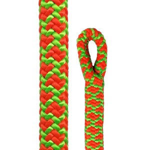 Atrax 11.6mm Climbing Rope 11.6mm in vibrant red and green colors, showcasing its durable polyester double braid construction.