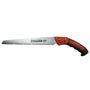Trojan straight hand saw. Close-up: sharp, triangular teeth along a rigid, flat blade. Black handle with red accents