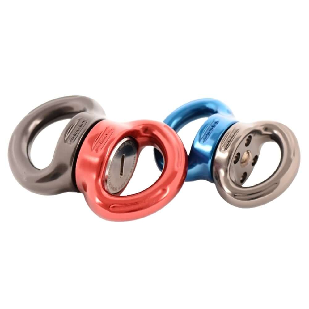 DMM Axis Rigging Swivels in red and blue, designed for tree surgeons with strong, compact construction.