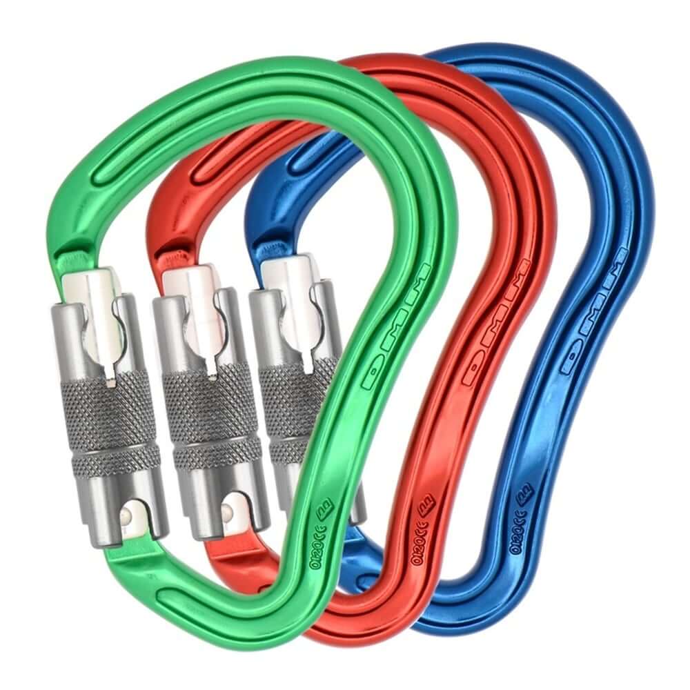 DMM Boa Colour Coded Multipack carabiners in green, red, and blue, ideal for tree surgeons and outdoor climbing.