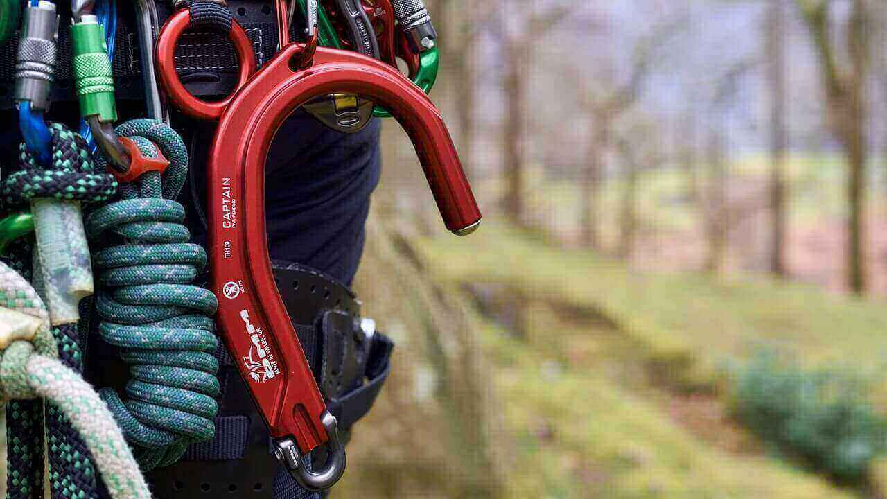 Red climbing carabiner attached to a harness, showcasing tree surgeon equipment in a forest setting.