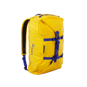 DMM Classic Rope Bag 25L in yellow, a durable and compact solution for climbers, fitting up to 80m rope and essentials.
