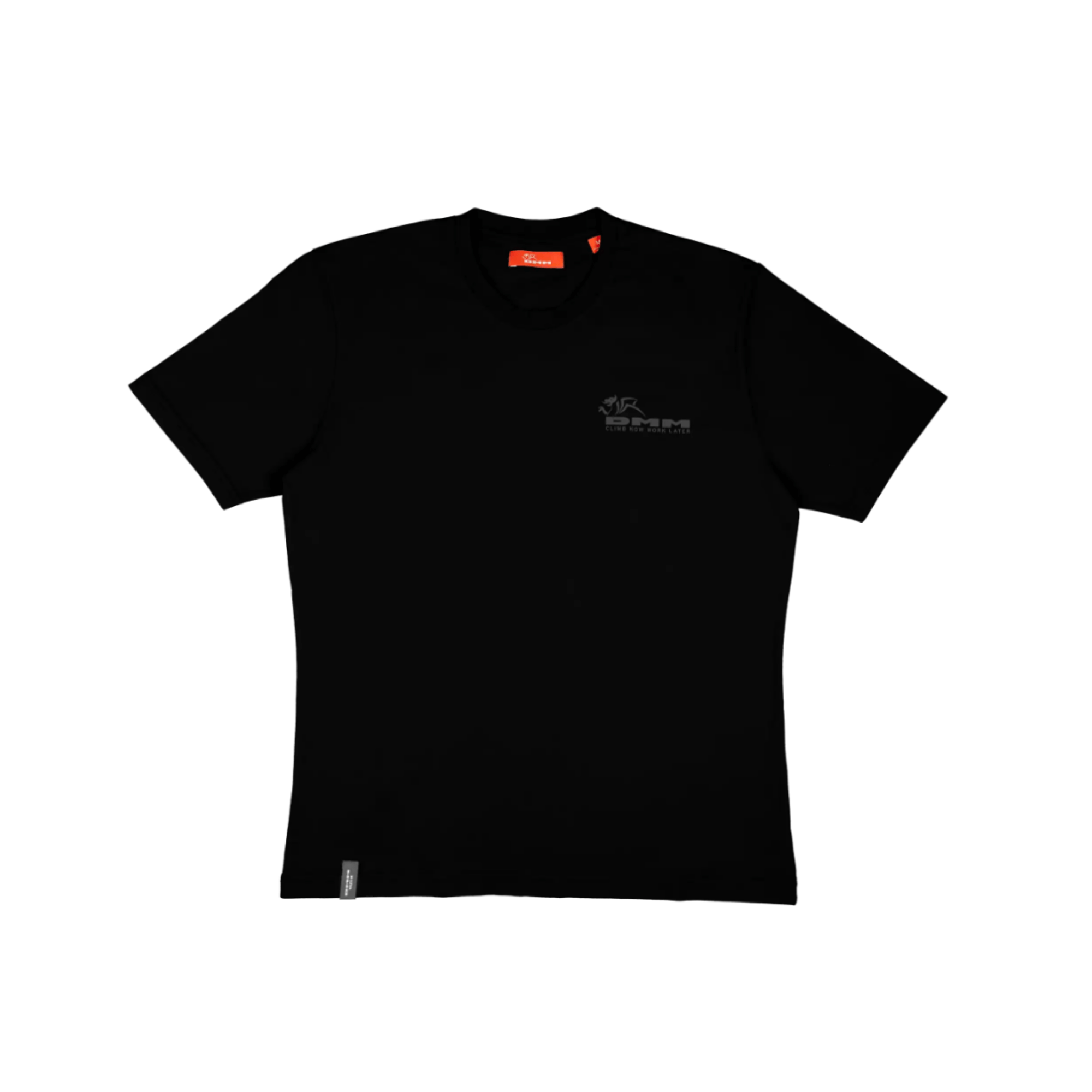 DMM Climb Now Work Later T-Shirt in black, perfect for climbers, arborists, and outdoor professionals.