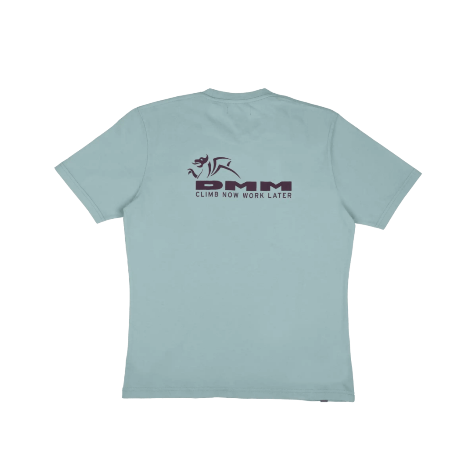 DMM Climb Now Work Later T-Shirt in light blue with logo on the back, perfect for climbers and tree surgeons.