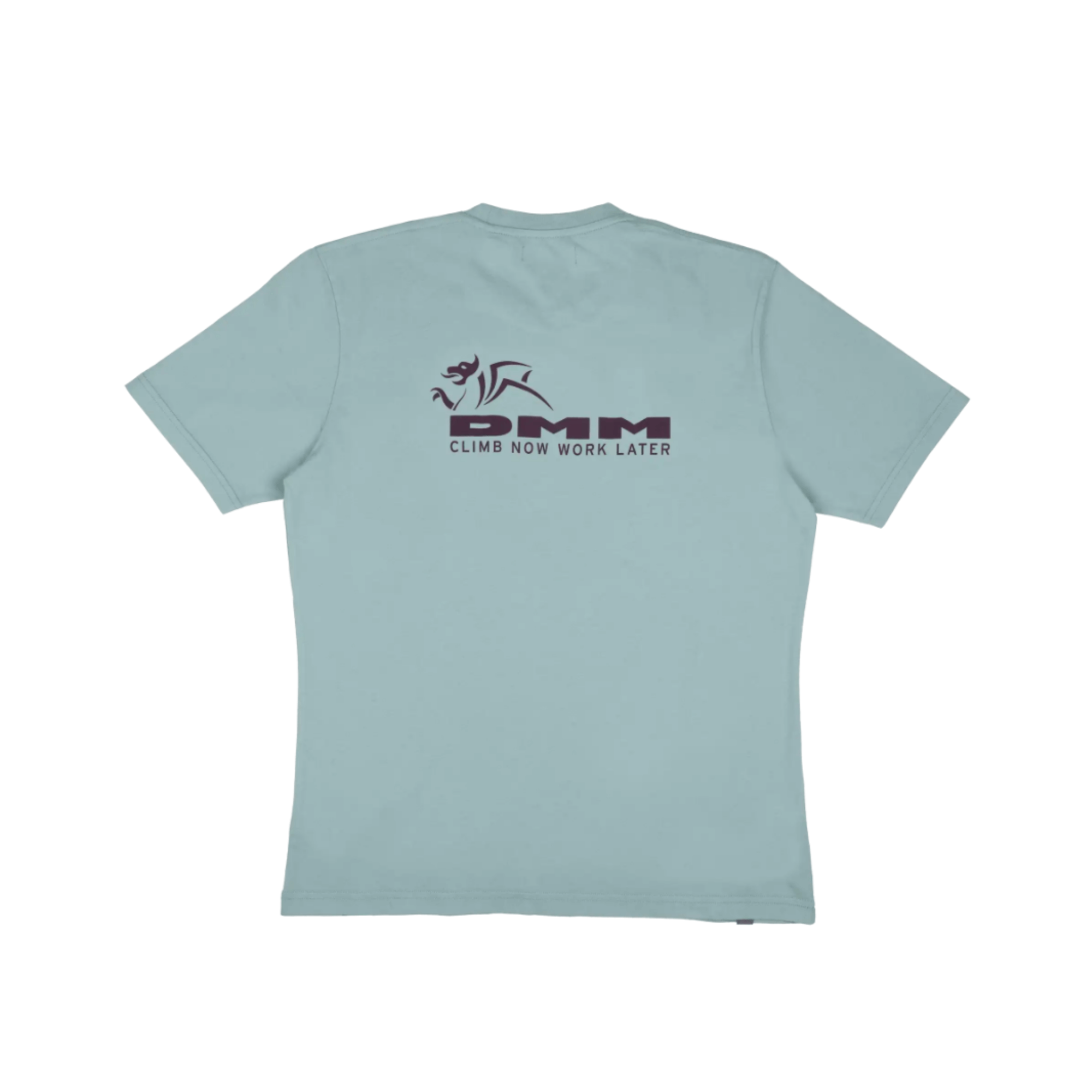 DMM Climb Now Work Later T-Shirt in light blue with logo on the back, perfect for climbers and tree surgeons.