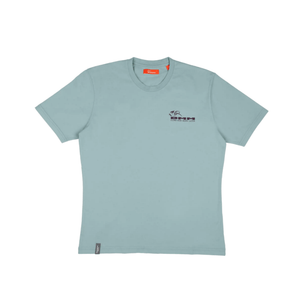 DMM Climb Now Work Later T-Shirt in light blue, perfect for tree surgeons and outdoor professionals.