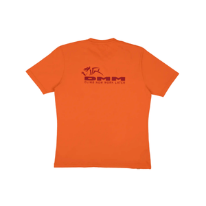 Back view of DMM Climb Now Work Later T-Shirt in orange, designed for climbers and outdoor professionals.