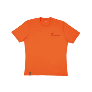DMM Climb Now Work Later T-Shirt in vibrant orange, perfect for tree surgeons and outdoor professionals.