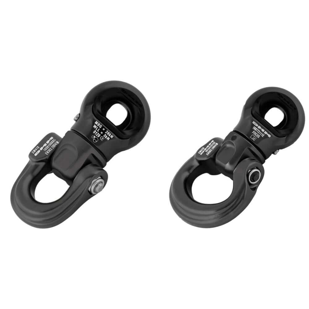 DMM Focus Swivel Matt Grey connectors ideal for tree surgeons, preventing load spin and managing rope twist.