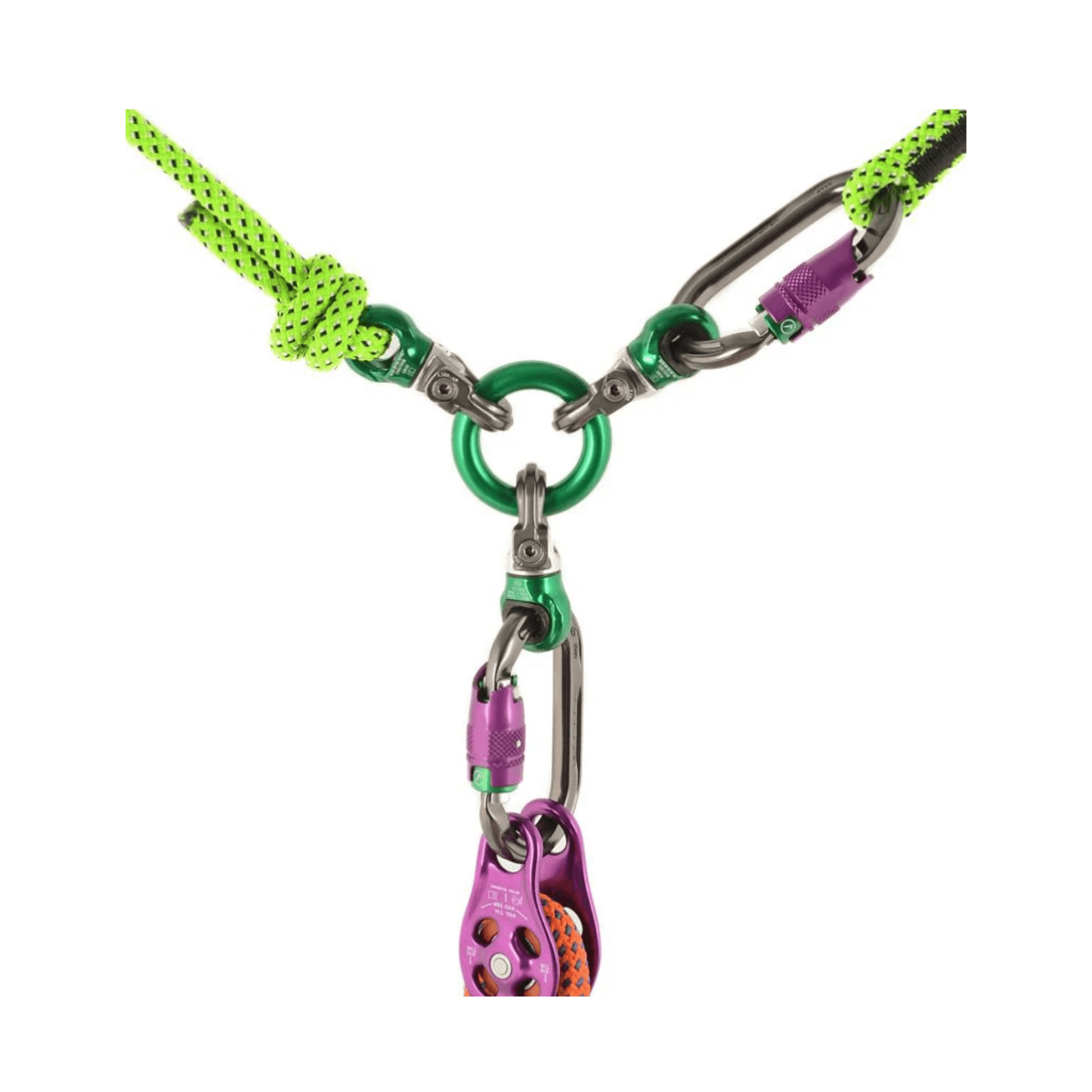Focus Swivel connections with DMM Compact Swivel Convertors in climbing and rigging systems.