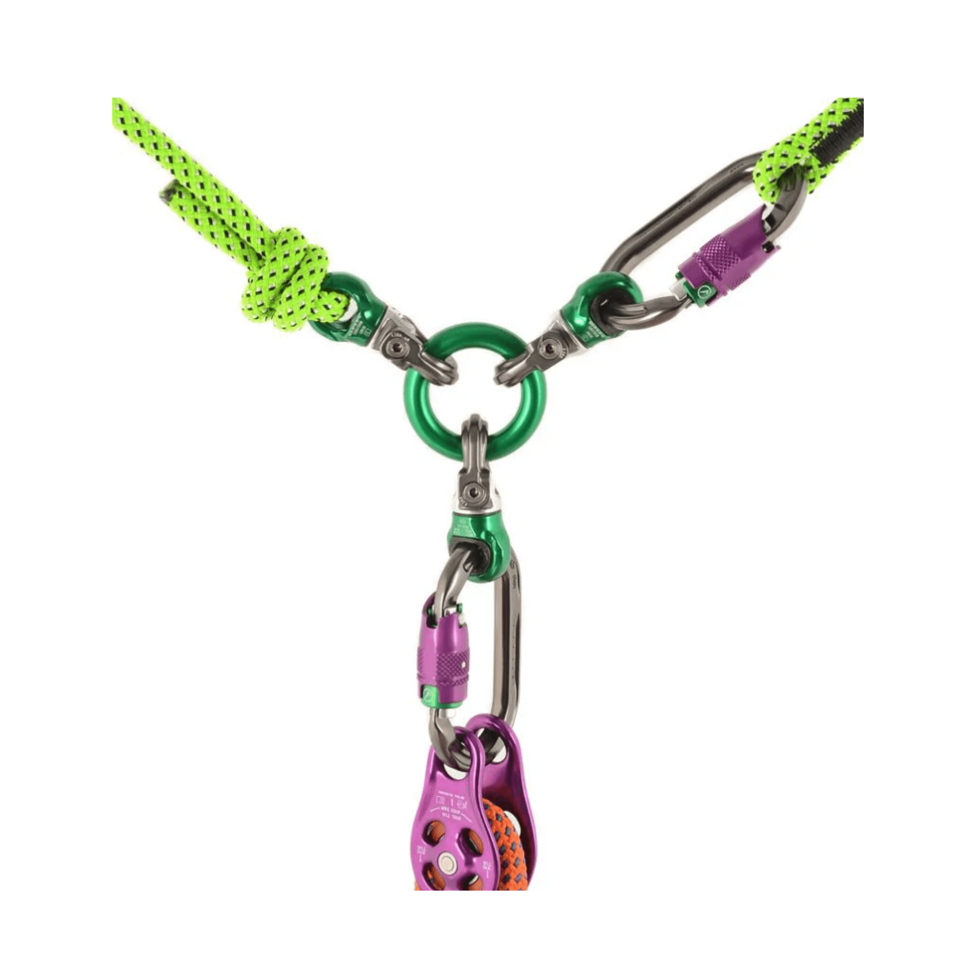 Focus Swivel connections with DMM Compact Swivel Convertors in climbing and rigging systems.