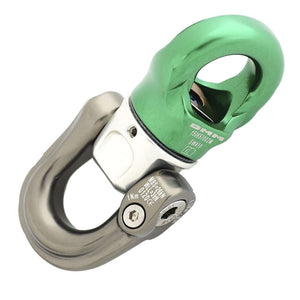 DMM Focus Swivel in green and silver, durable climbing swivel for tree surgeons, designed for one-hand operation.