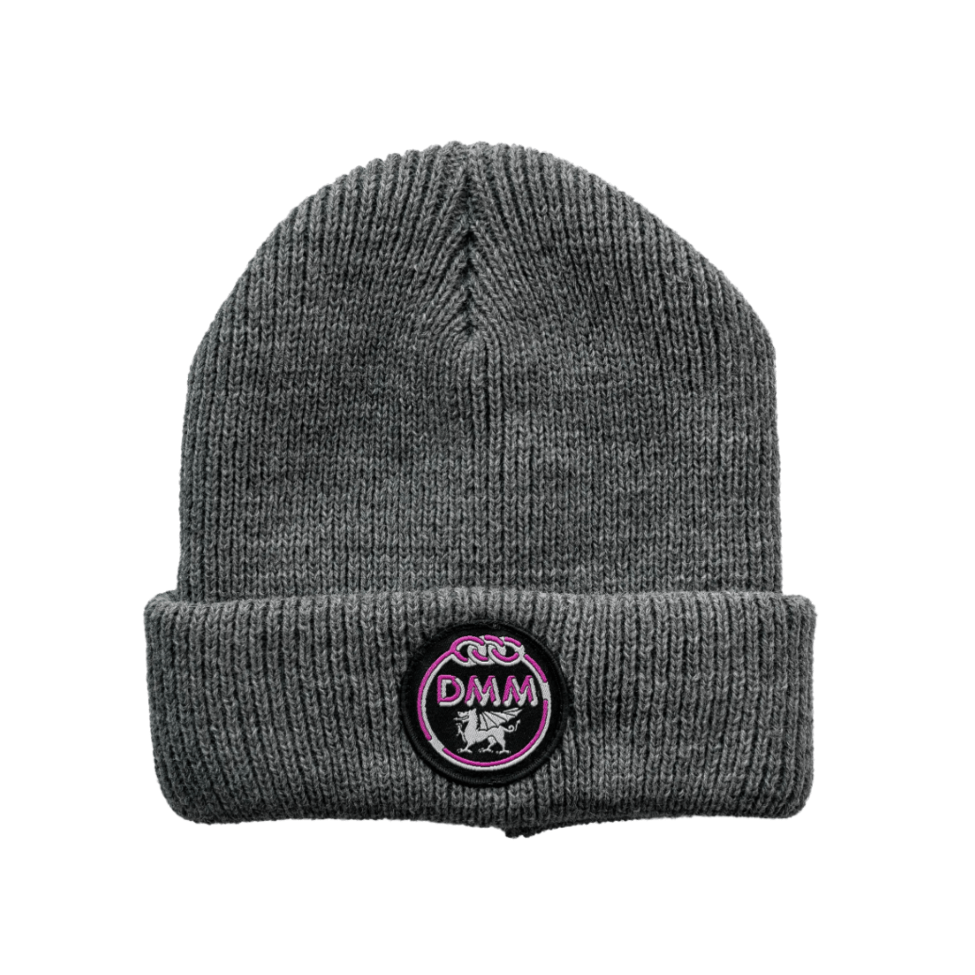 Heritage Beanie in mid-grey with pink DMM logo, ideal for tree surgeons and outdoor professionals.