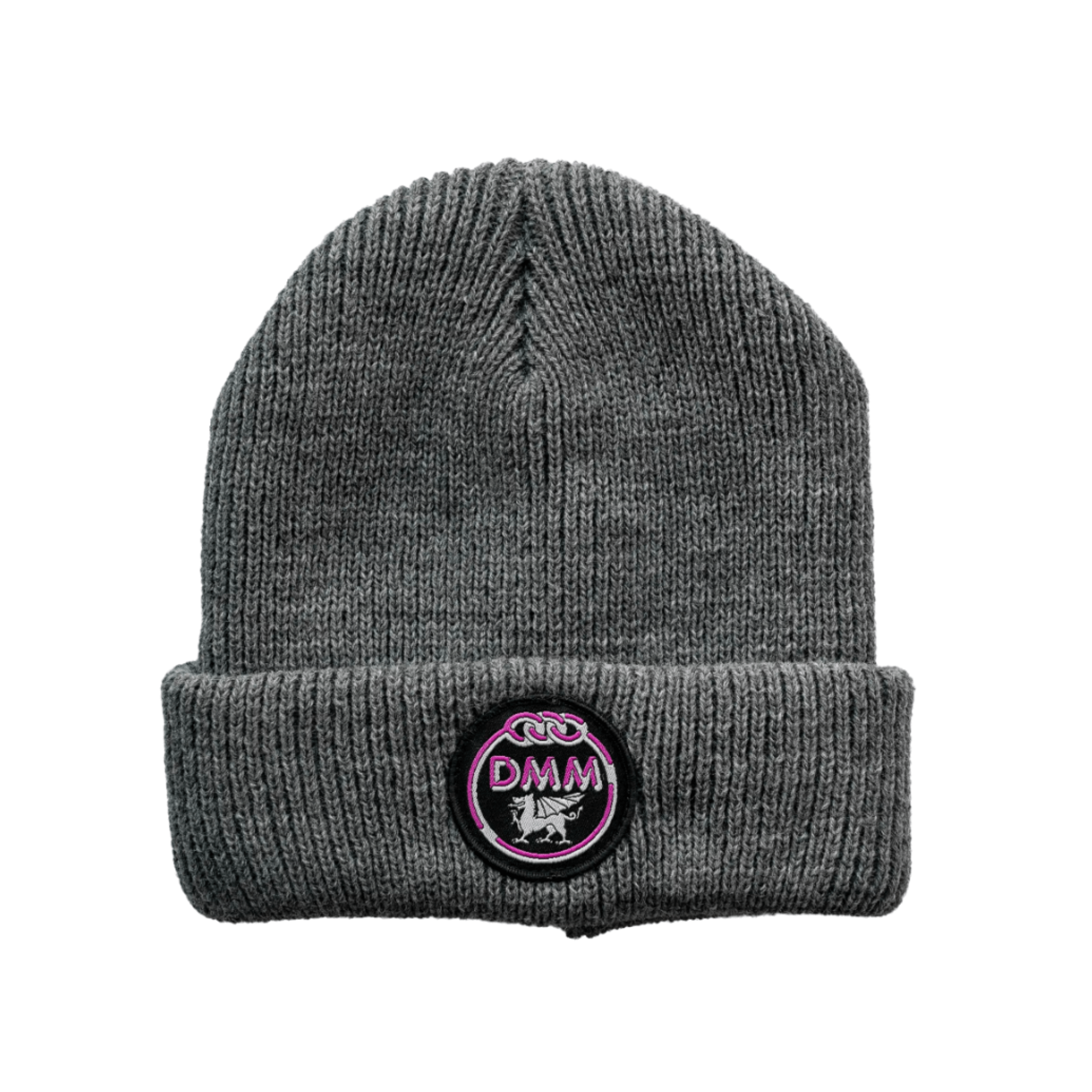 Heritage Beanie in mid-grey with pink DMM logo, ideal for tree surgeons and outdoor professionals.