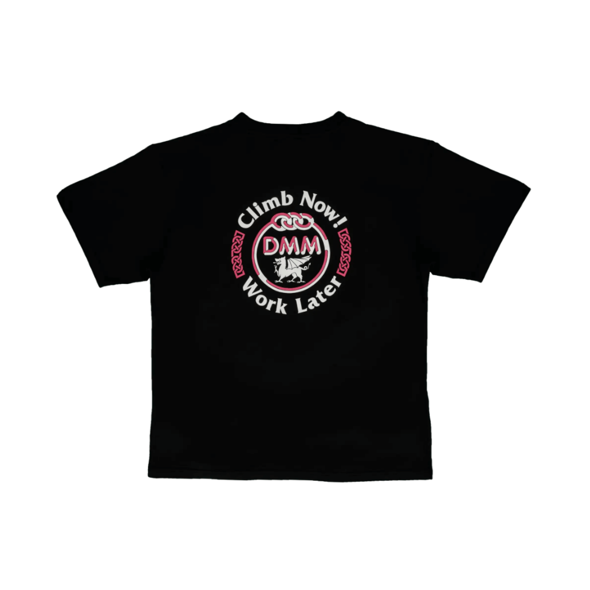 Heritage T-Shirt featuring a black design with 'Climb Now Work Later' and DMM logo on the back.