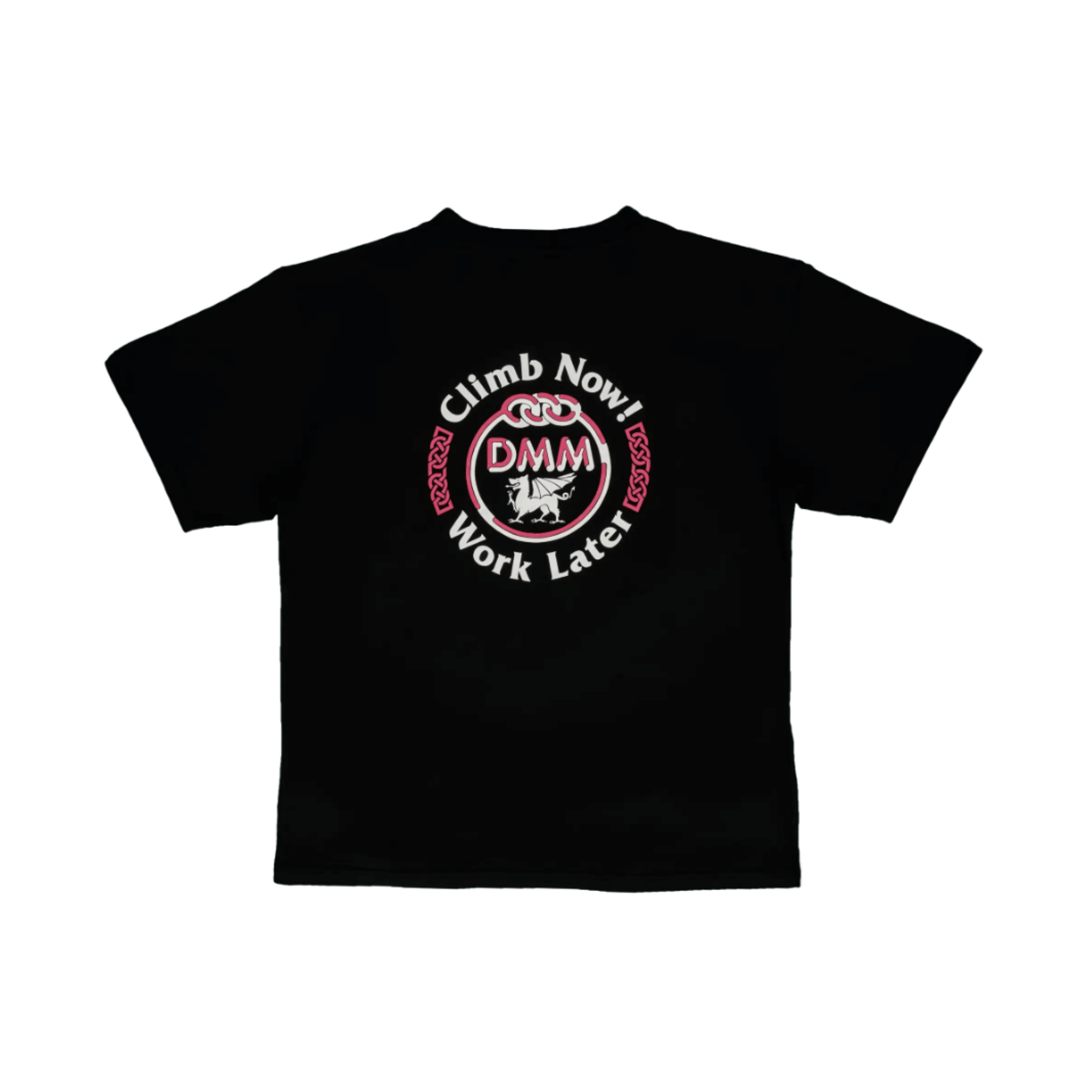Heritage T-Shirt featuring a black design with 'Climb Now Work Later' and DMM logo on the back.