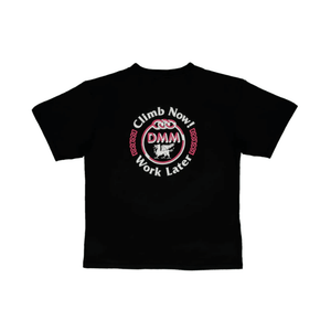 Heritage T-Shirt featuring a black design with 'Climb Now Work Later' and DMM logo on the back.