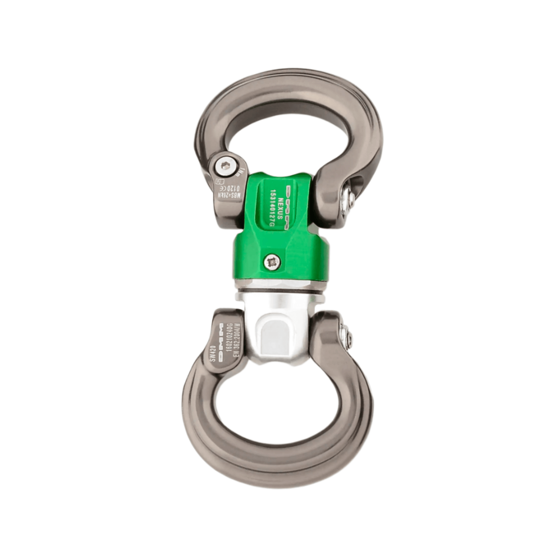 DMM Nexus Swivel in titanium and grey, designed for advanced climbing, rigging, and rescue configurations.
