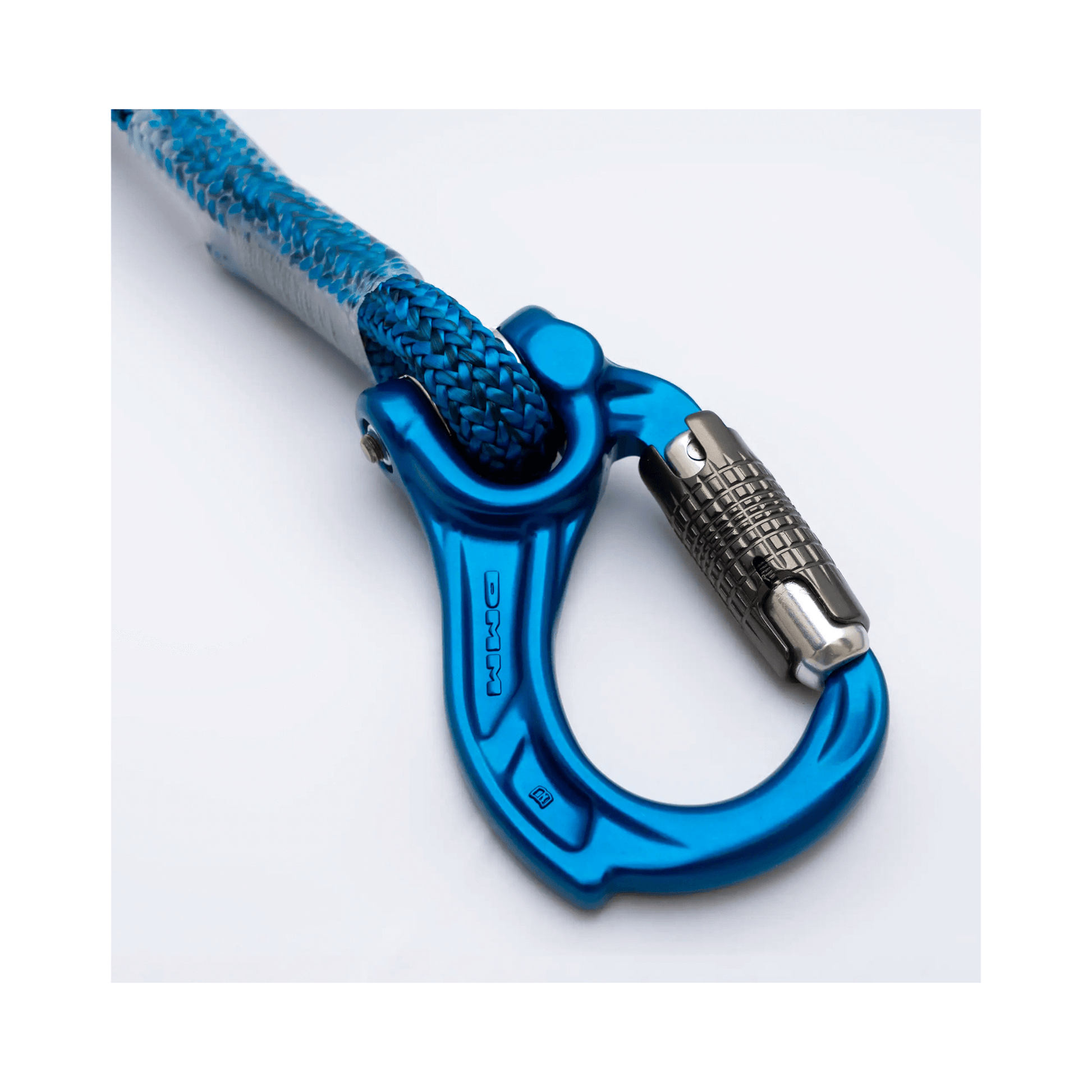 Close-up of the Nomad Friction Hitch Lanyard System featuring a blue carabiner and rope.
