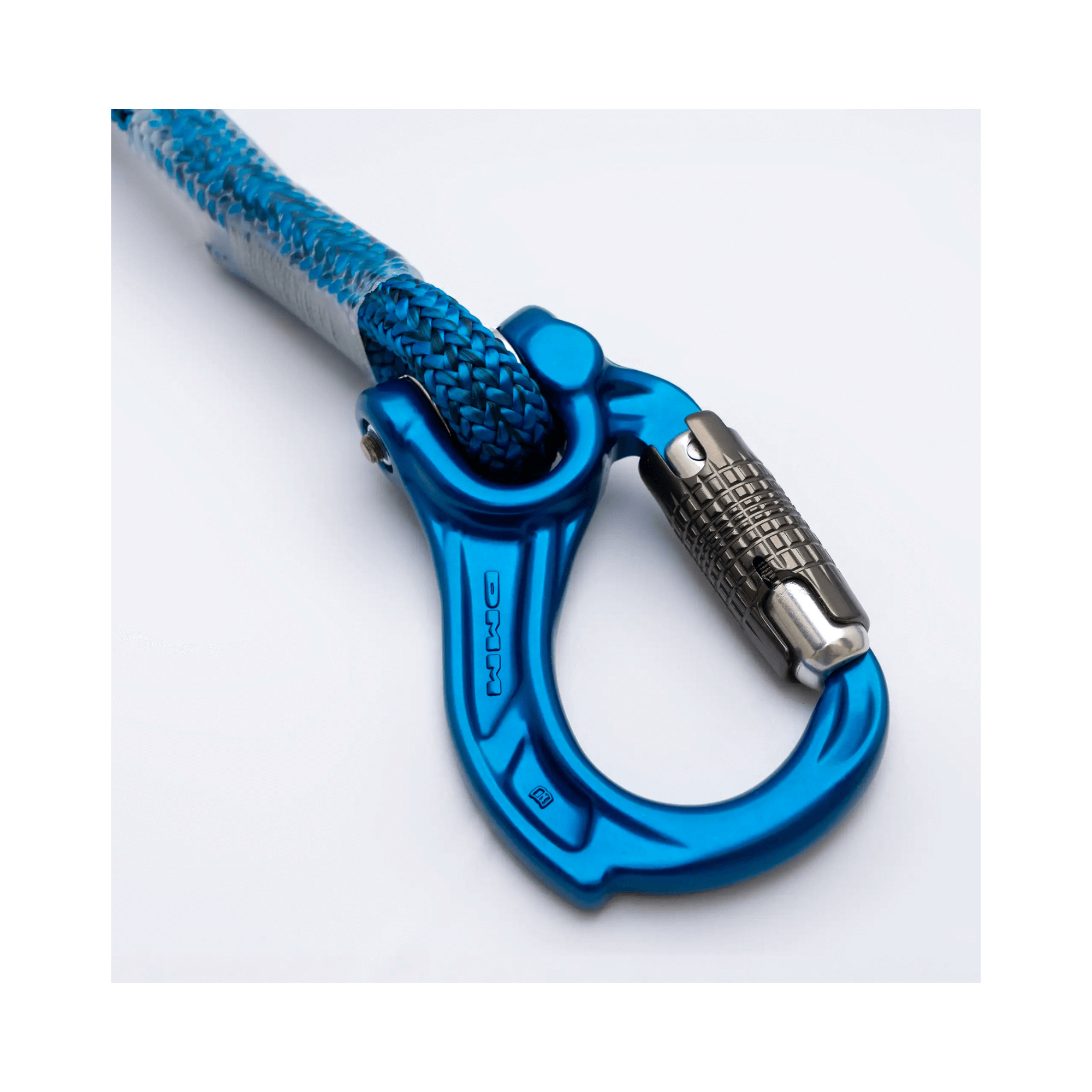 Close-up of the Nomad Friction Hitch Lanyard System featuring a blue carabiner and rope.
