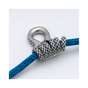 Close-up of the Nomad Friction Hitch Lanyard System with blue rope and a precise hitch knot.