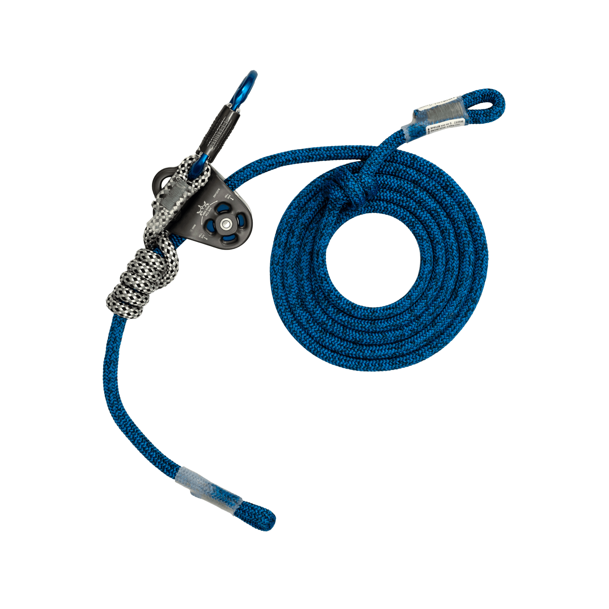 Nomad Friction Hitch Lanyard System with blue rope and friction hitch for arborist work positioning.