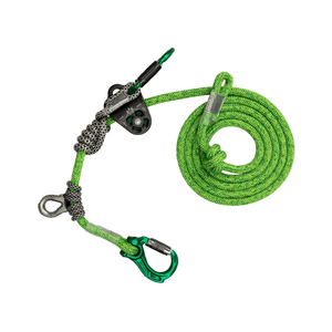 Nomad Friction Hitch Lanyard System featuring green rope and attachments for tree climbing and work positioning.