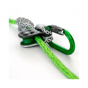 Nomad Friction Hitch Lanyard System components featuring a pulley, carabiner, and green rope for climbing.