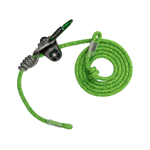 Nomad Friction Hitch Lanyard System with green rope and pulley components for tree climbing safety.