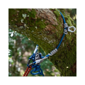Nomad Friction Hitch Lanyard System attached to a tree trunk with blue and orange ropes for precision climbing.