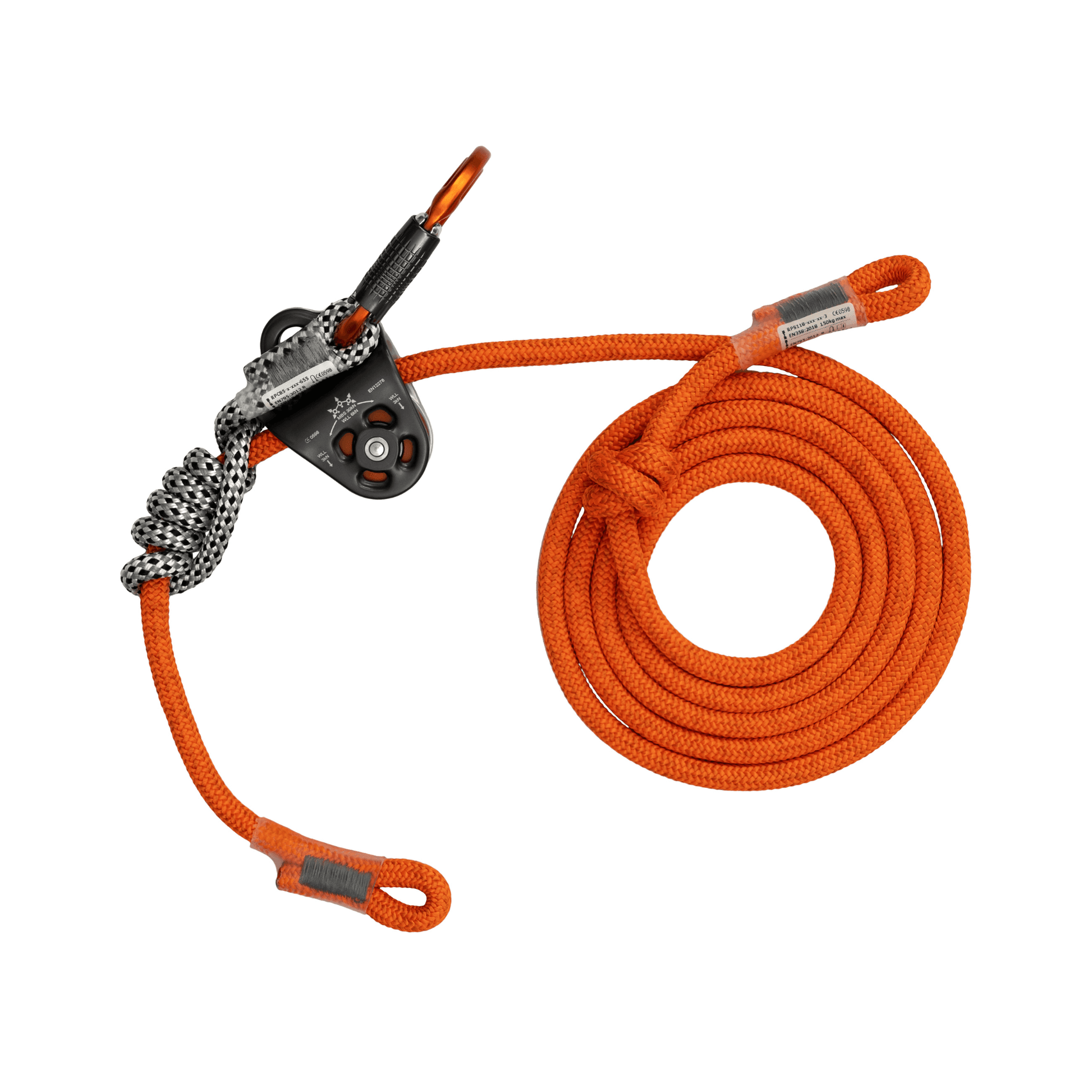 Nomad Friction Hitch Lanyard System featuring precision rope and pulley for tree climbing and work positioning.