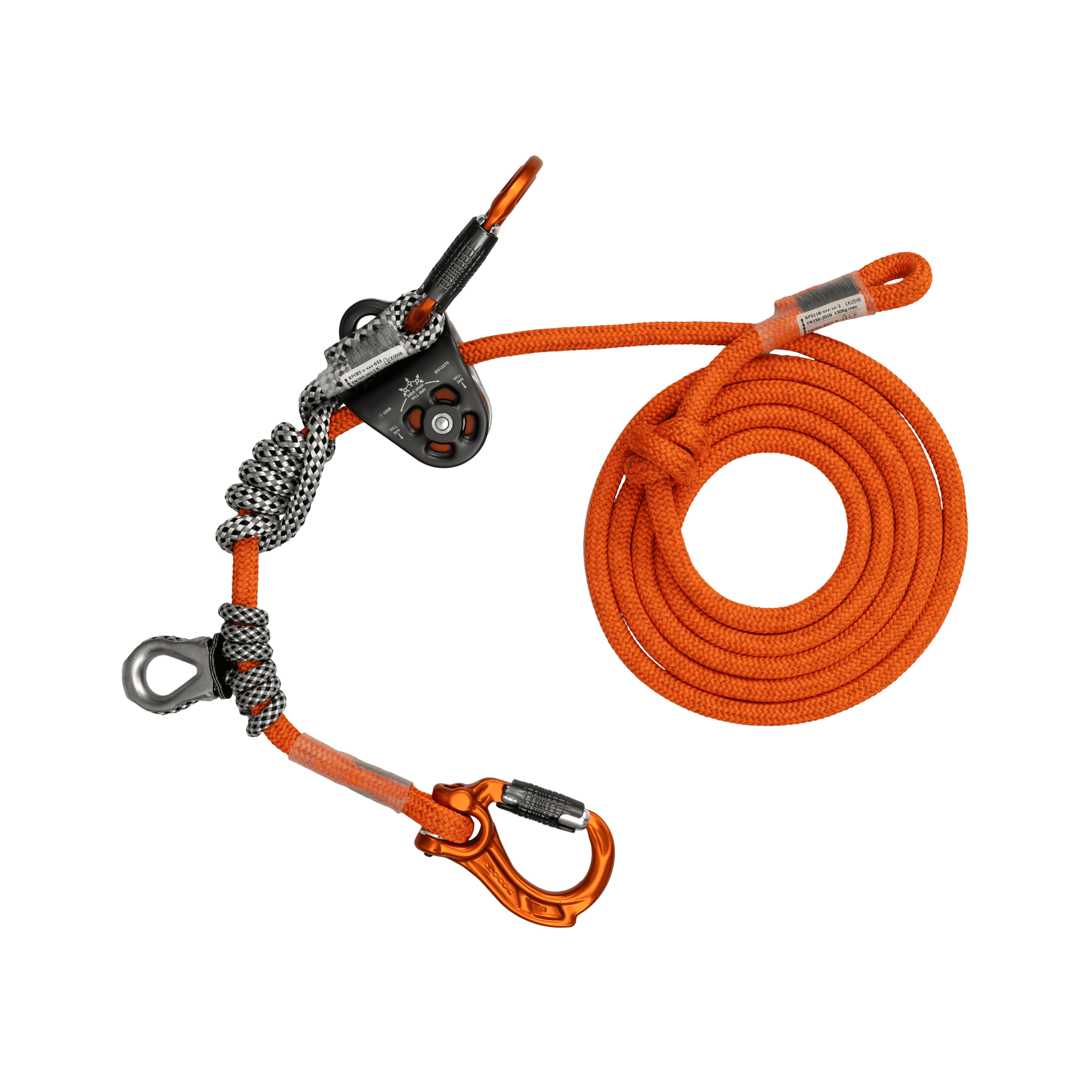 Nomad Friction Hitch Lanyard System featuring orange rope and precision components for tree climbing
