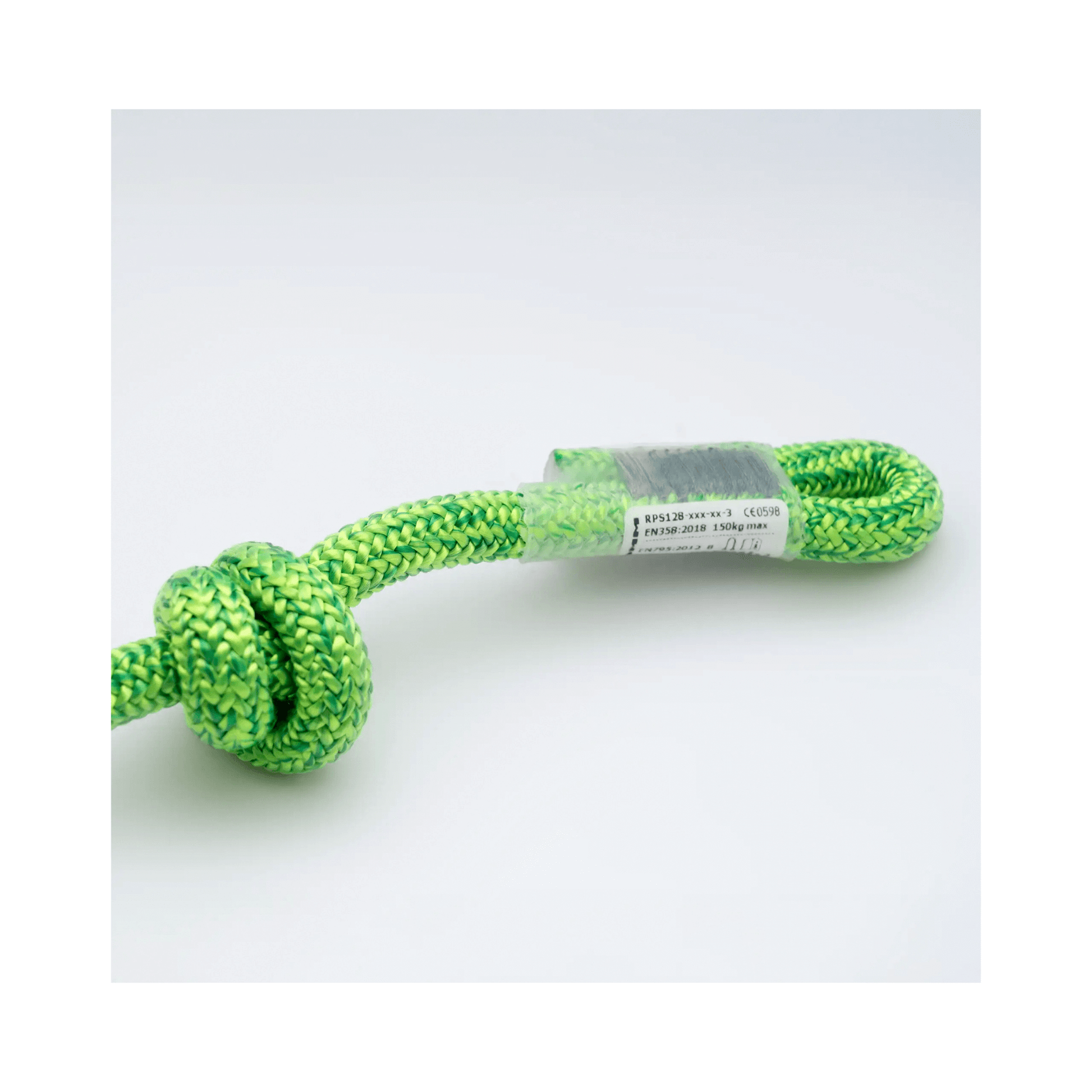 Nomad Friction Hitch Lanyard System showing green 24-strand double braid rope with knot.