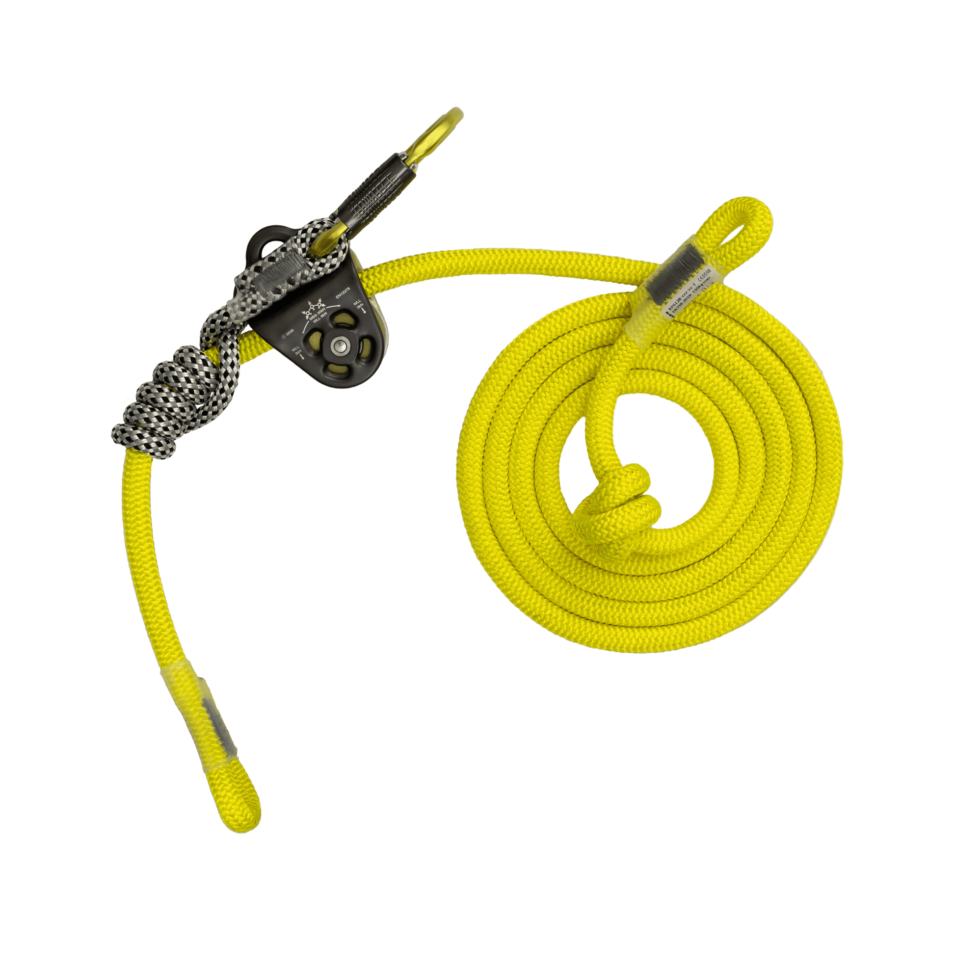Nomad Friction Hitch Lanyard System featuring vibrant yellow rope with friction hitch mechanism for tree climbing.